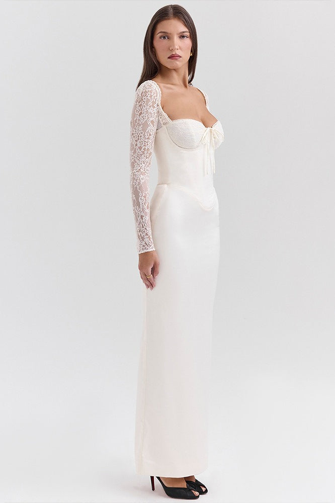 Lace Trim Satin Backless Long Sleeve Fit Lace Dress