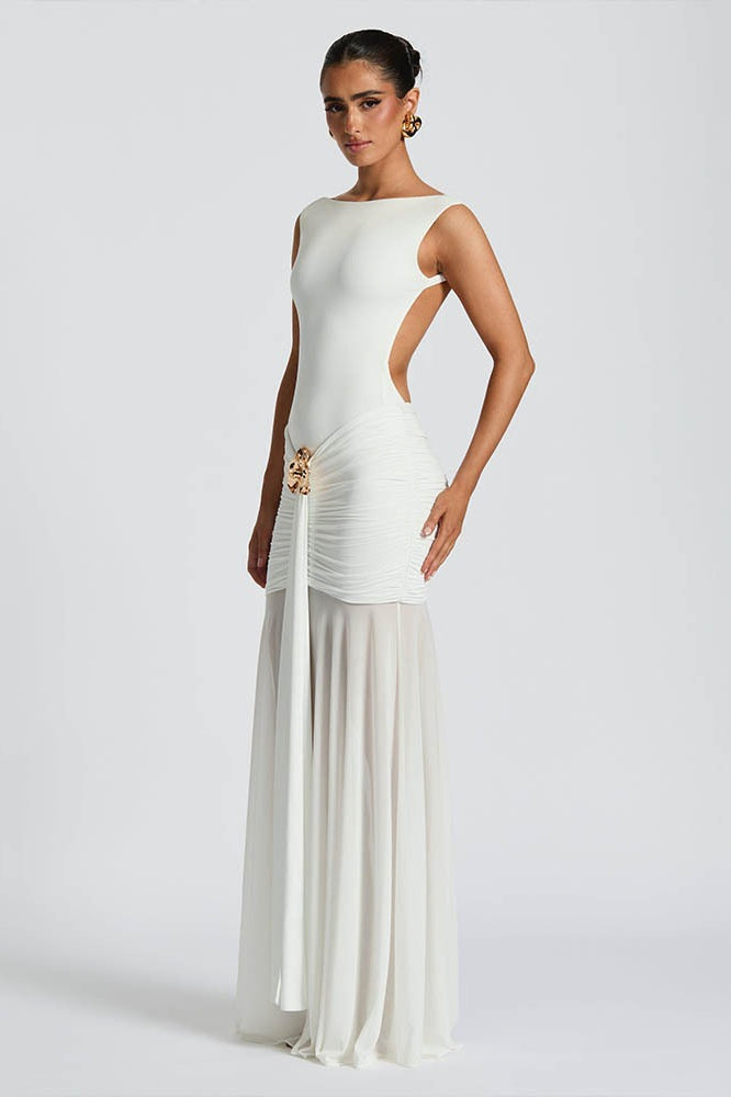 High Neck Backless Ruched Mermaid Maxi Dress