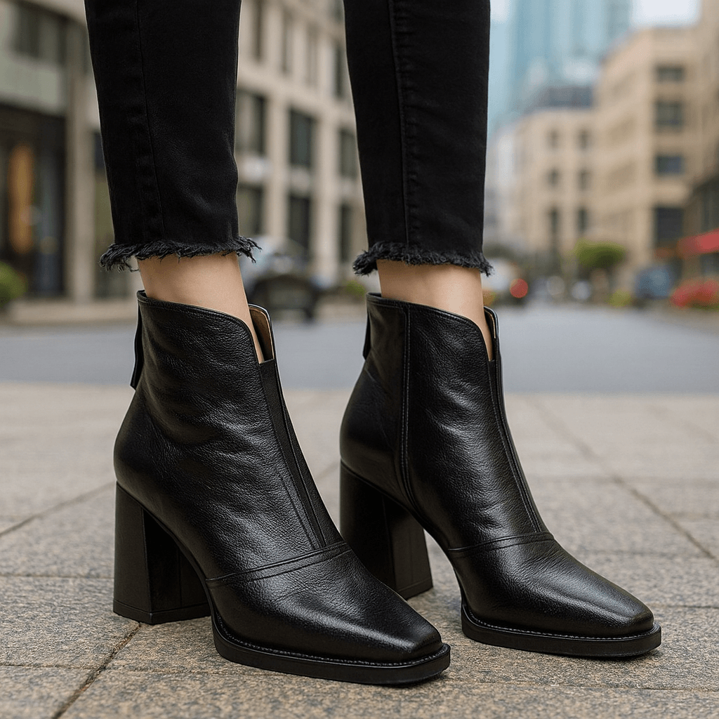 Square Toe Block Heel Back Zip Ankle Boots