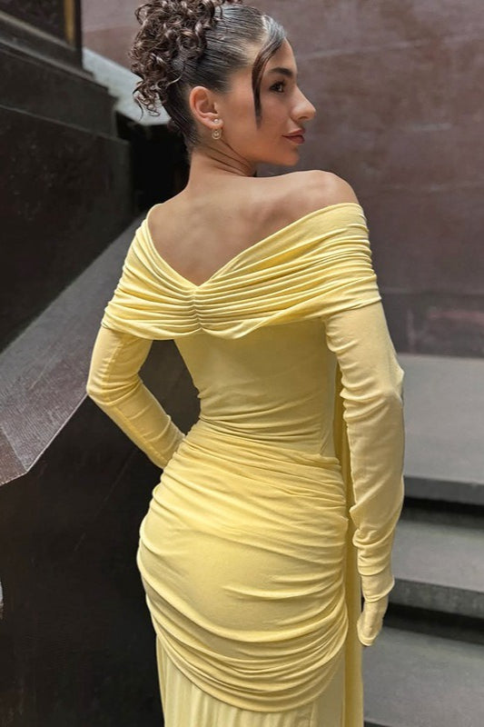 Mesh Off Shoulder Long Sleeve Knot Front Draped Sash Maxi Dress 4