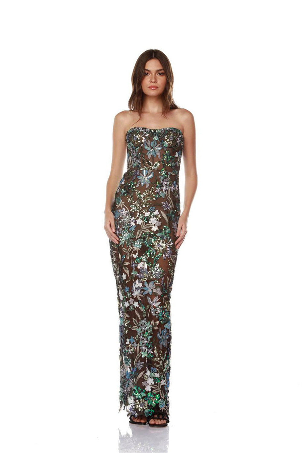 Strapless Floral Sequin Embroidered Mesh Column Maxi Dress 4
