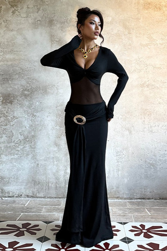 Deep V Mesh Panel Maxi Dress