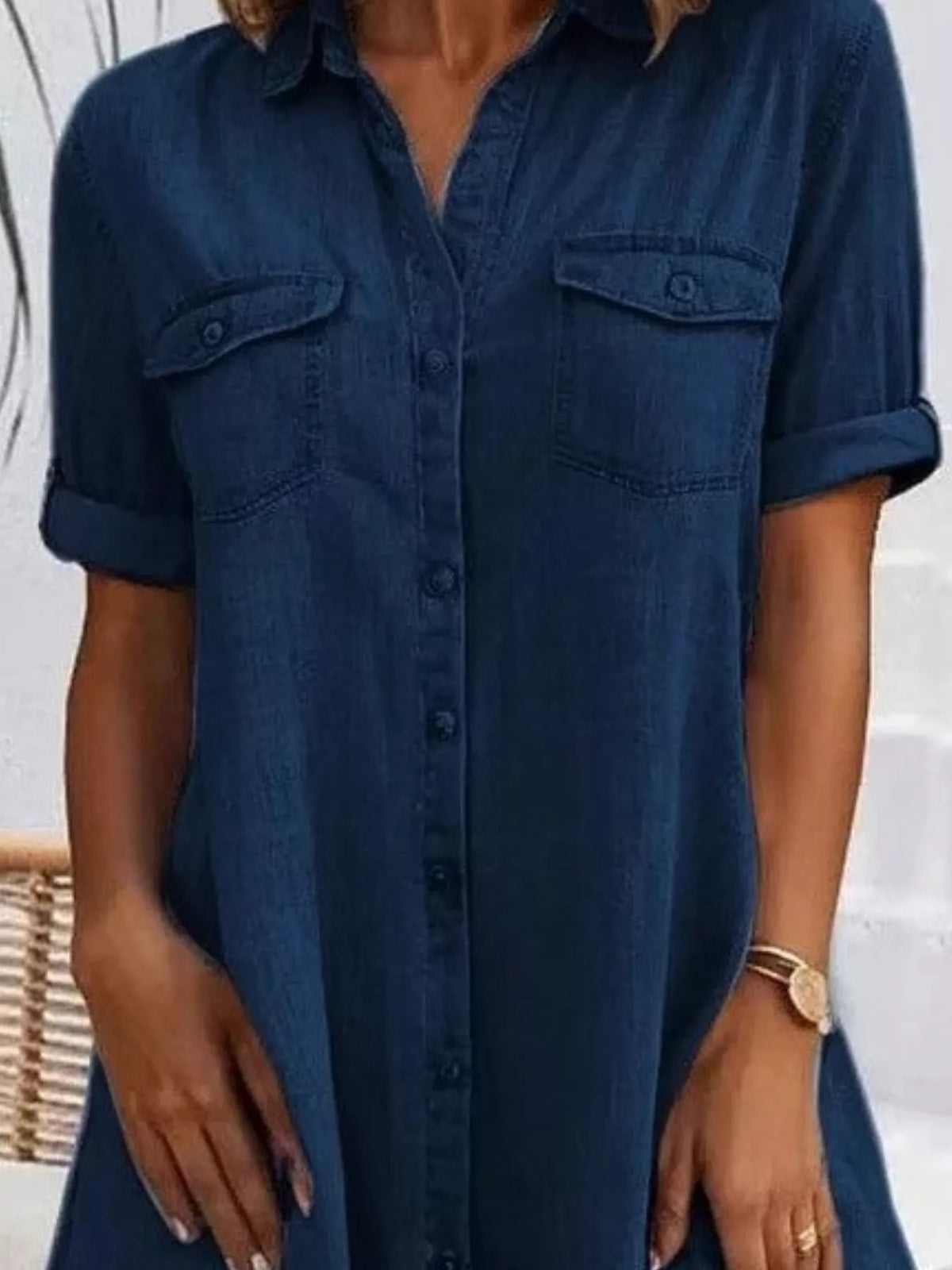 Full Size Button-Front Short Sleeve Denim Dress Plus Size