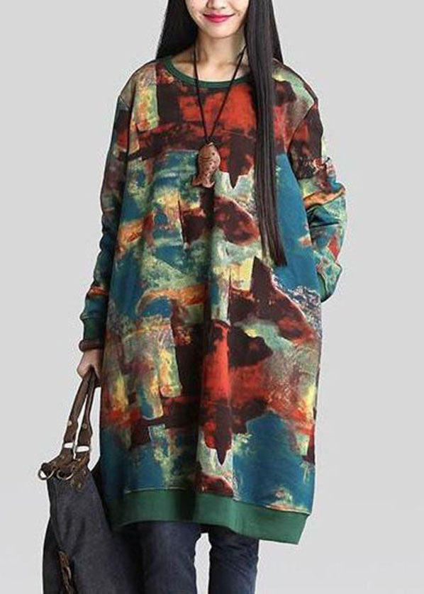 Abstract Print Round Neck Long Sleeve Ribbed Cuff Pocket Sweatshirt Dress