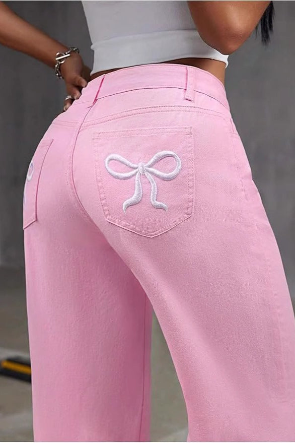 High-Waist Embroidered Wide-Leg Denim Jeans