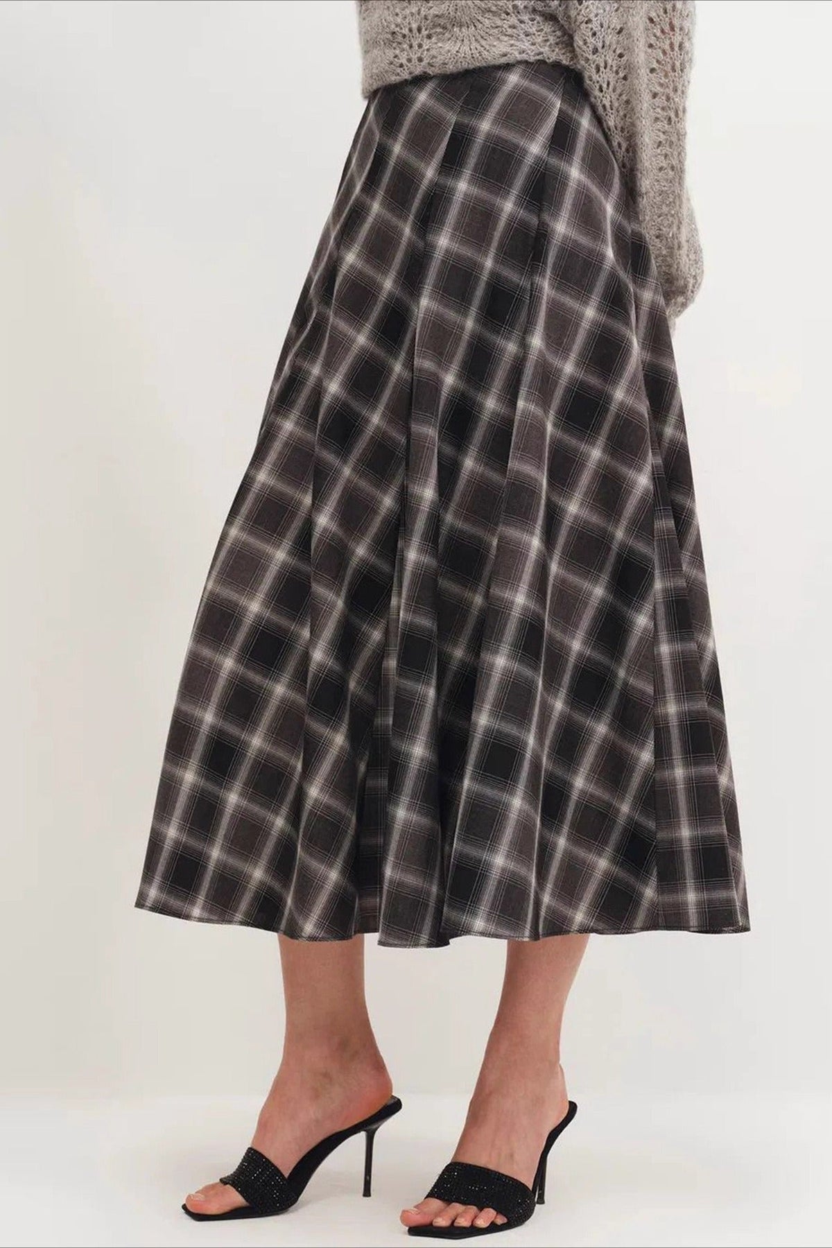 Plaid High Waist Paneled Flared Midi Skirt 3
