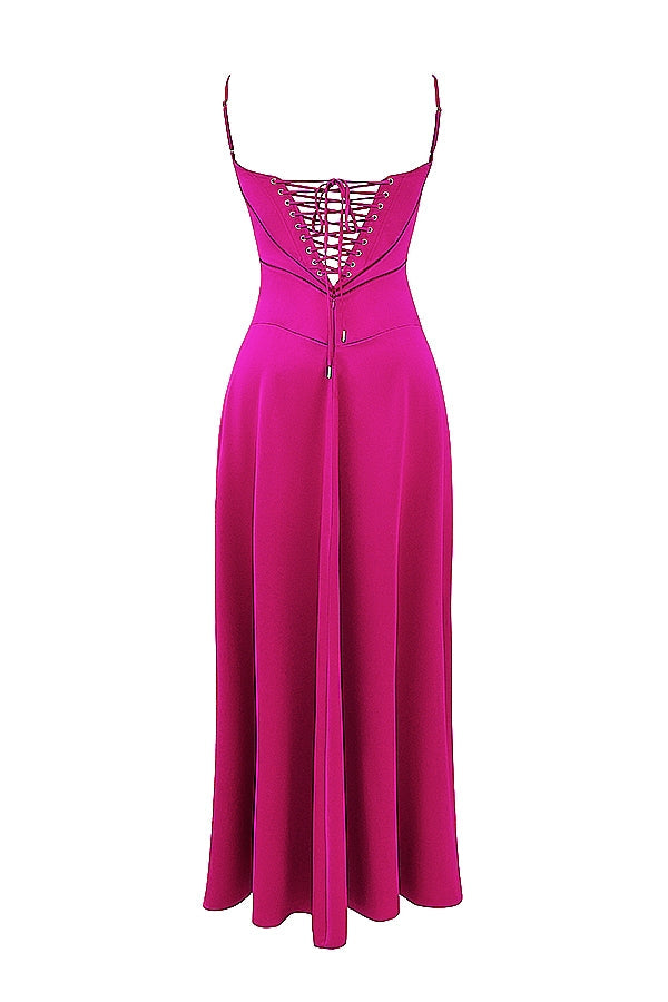 Satin Square Neck Corset Seam Spaghetti Strap Flowy Maxi Dress 21