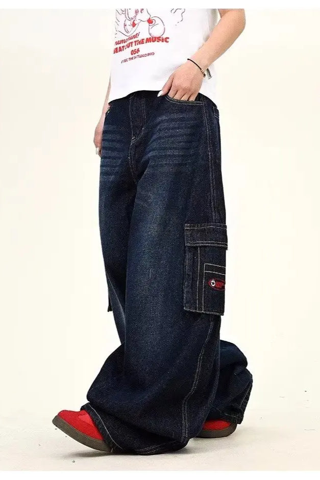 Dark Blue Cargo Wide-Leg Jeans