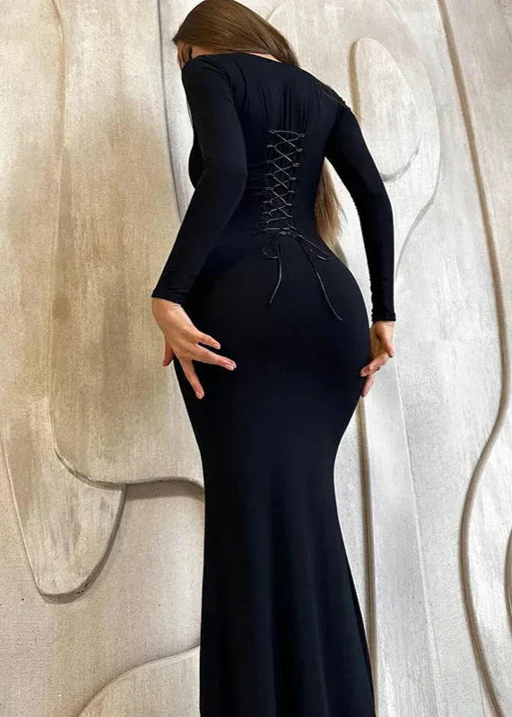 Black Slim-Fit Lace-Up Backless Long-Sleeve Dress 5