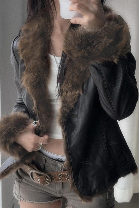Fur Collar Panel Leather Jacket