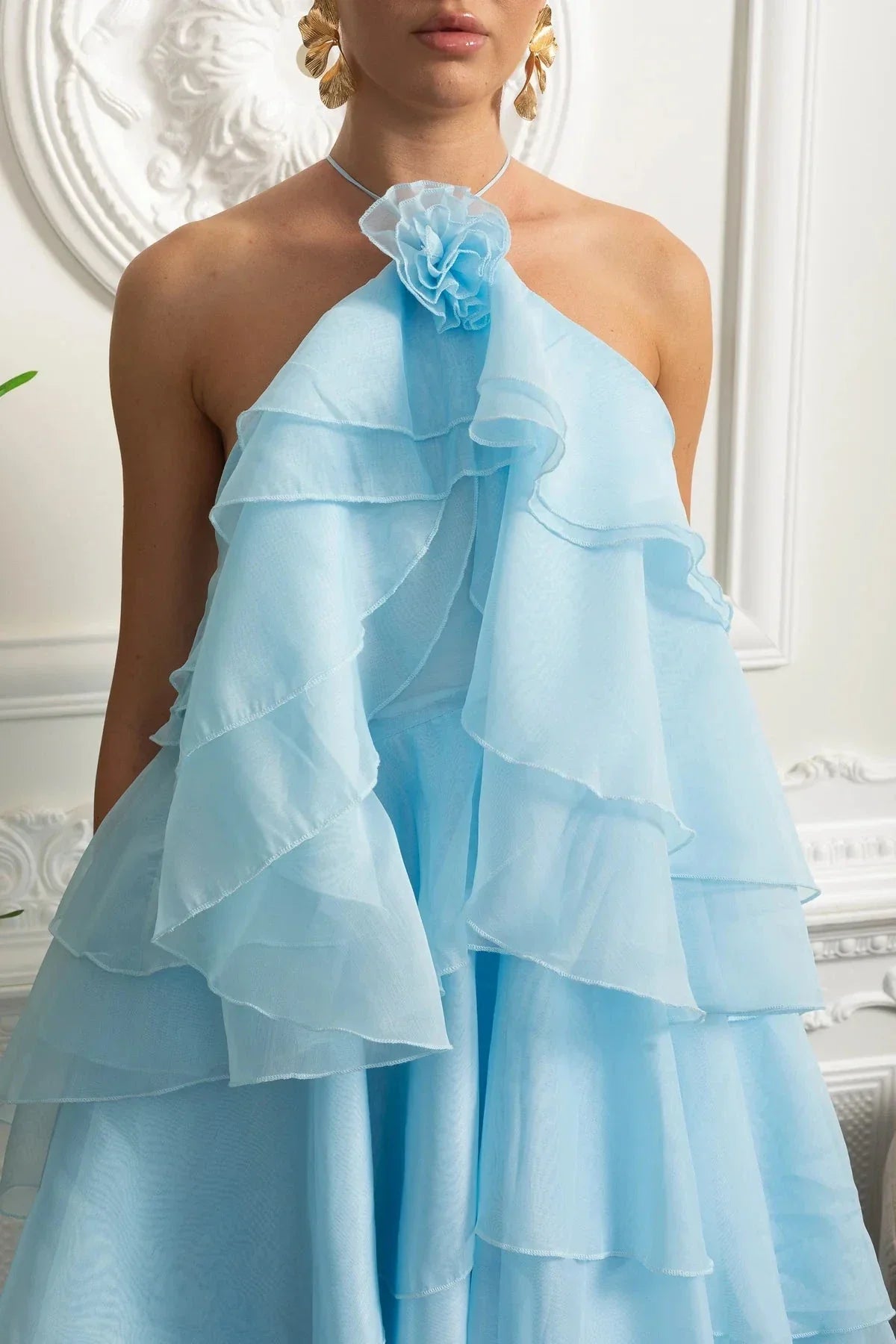 Halter Neck Rosette Tiered Ruffle Organza Trapeze Maxi Dress 2