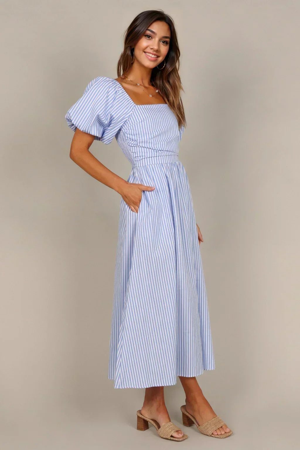 Striped Square Neck Puff Sleeve Pocket A-Line Midi Dress