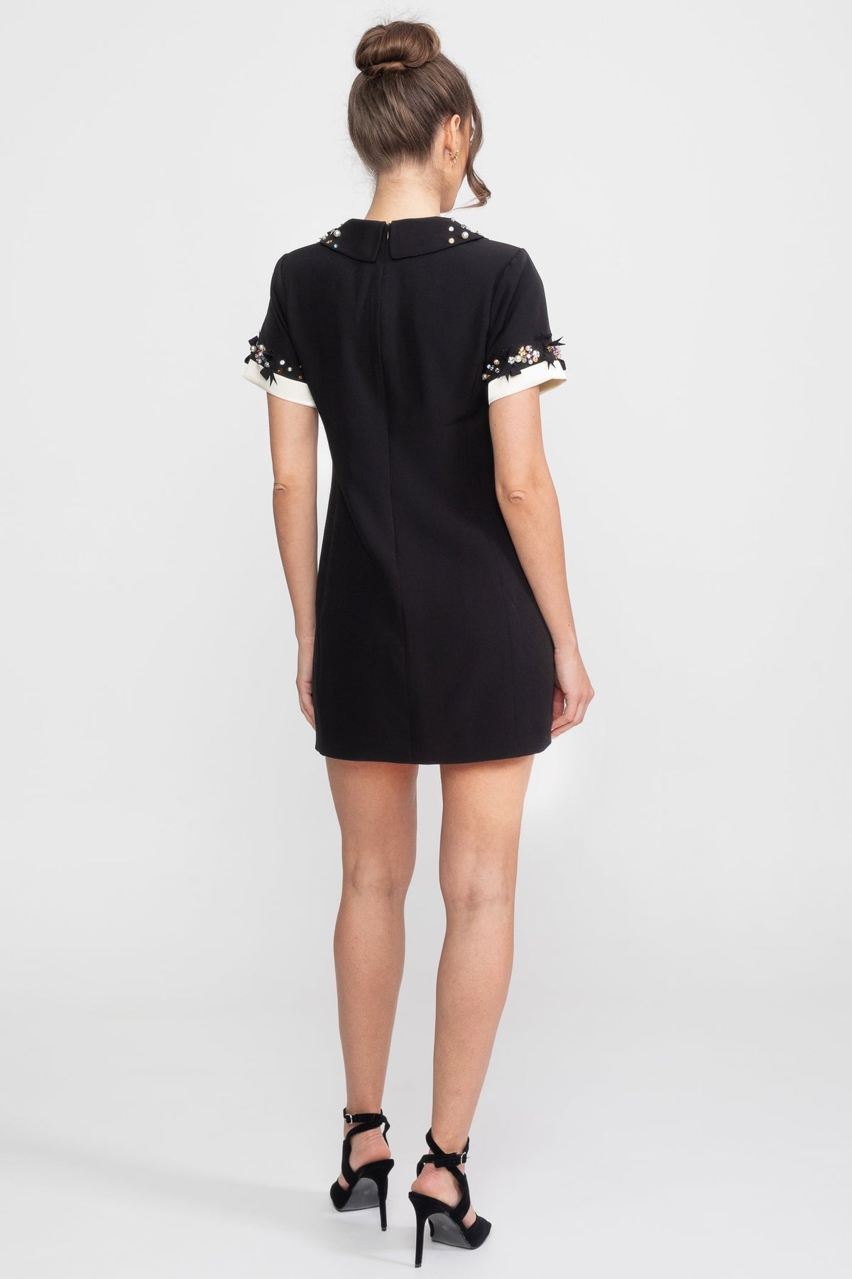 Beaded Peter Pan Collar Contrast Cuff Faux Pocket Mini Dress - View 3