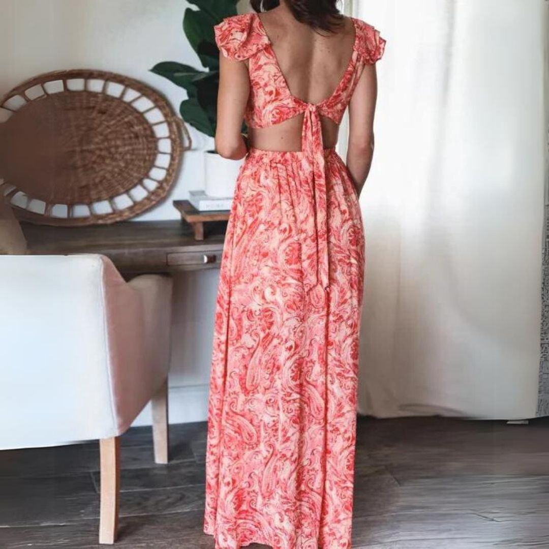 Paisley Print Deep V-Neck Flutter Sleeve Cut Out Tiered Ruffle High Split Maxi Dress