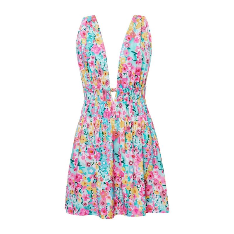 Floral Deep V-Neck Sleeveless Fit and Flare Mini Summer Dress