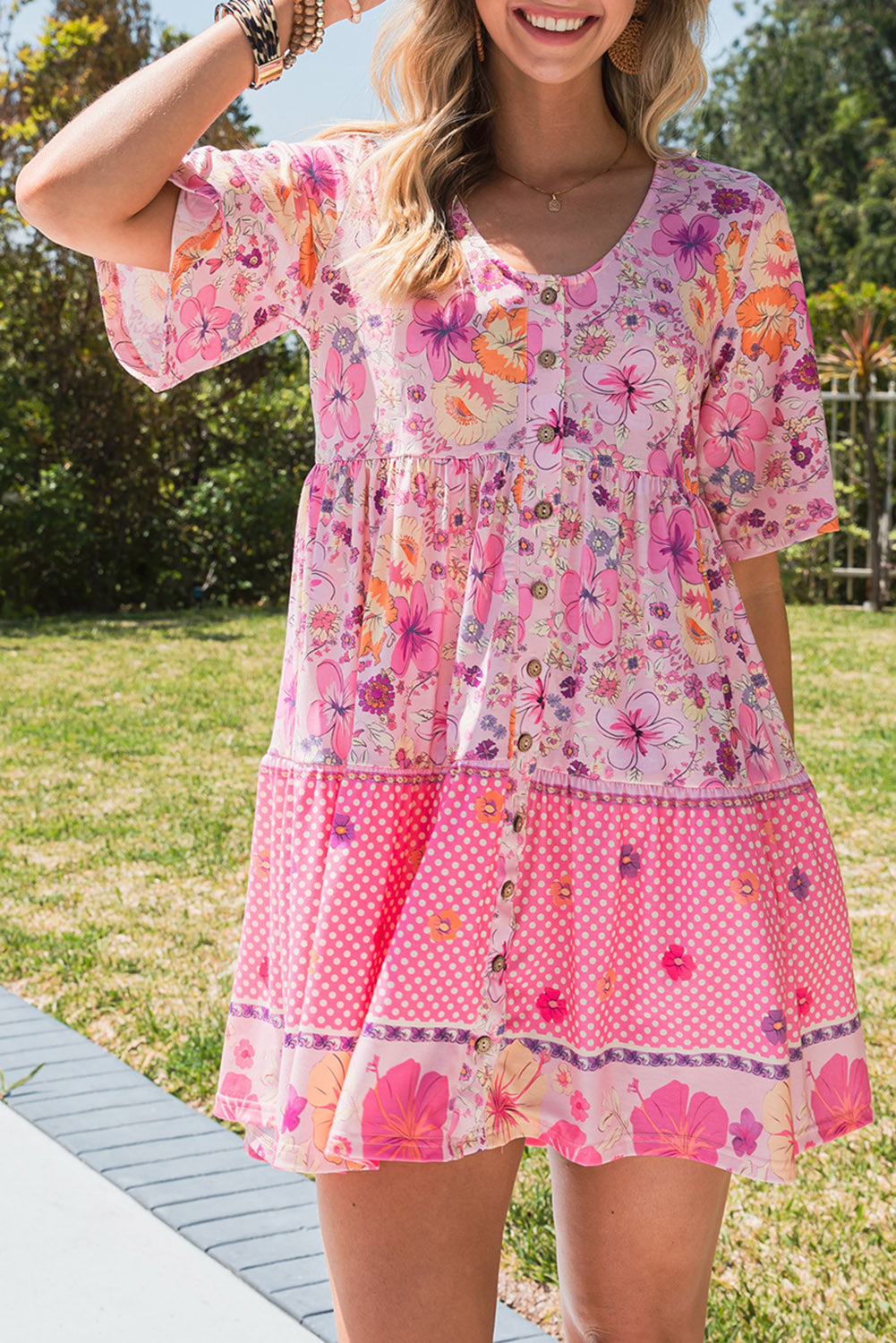 Floral Polka Dot Buttoned Mini Dress Floral