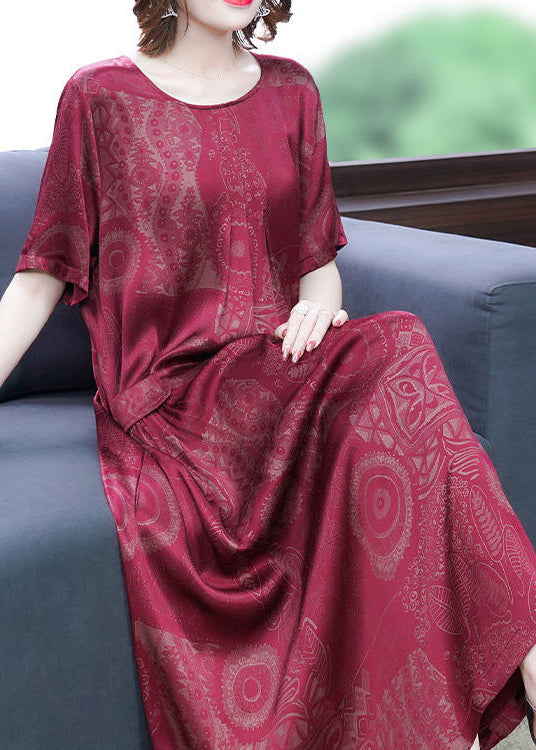 Jacquard Damask Print Round Neck Pocket Short Sleeve Loose Maxi Dress