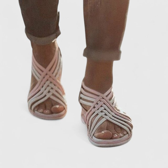 Open Toe Strappy Woven Zip Back Wedge Sandals