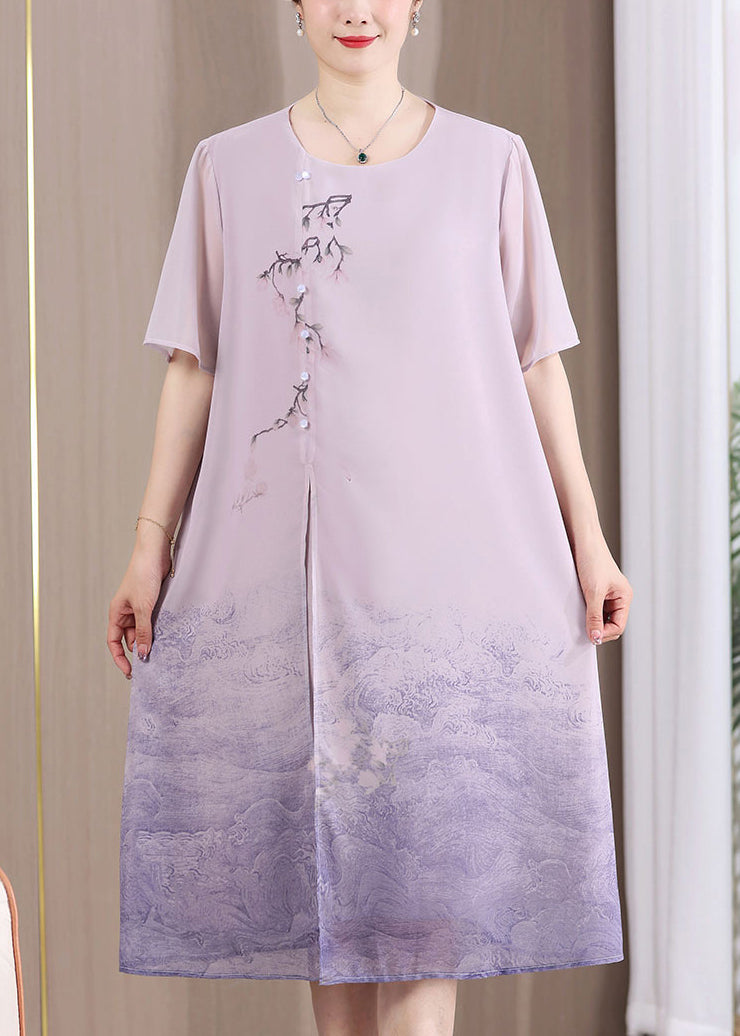 Floral Embroidery Asymmetrical Toggle Button Short Sleeve Ombre Wave Hem Midi Dress