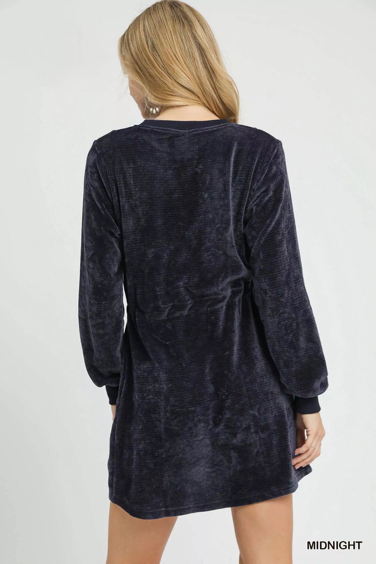 Velvet Crew Neck Long Sleeve Drawstring Waist Mini Dress 3