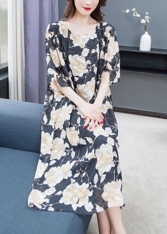 Floral Lace Trim Elbow Sleeve Round Neck Shift Midi Dress