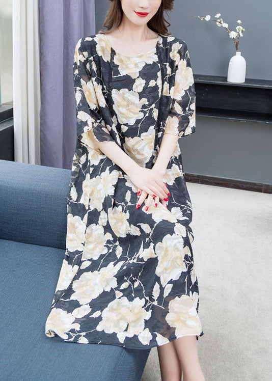 Floral Lace Trim Elbow Sleeve Round Neck Shift Midi Dress