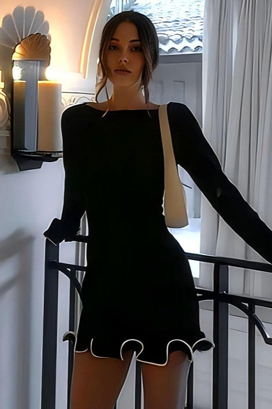 Boat Neck Long Sleeve Contrast Trim Bodycon Mini Cocktail Dress - View 14