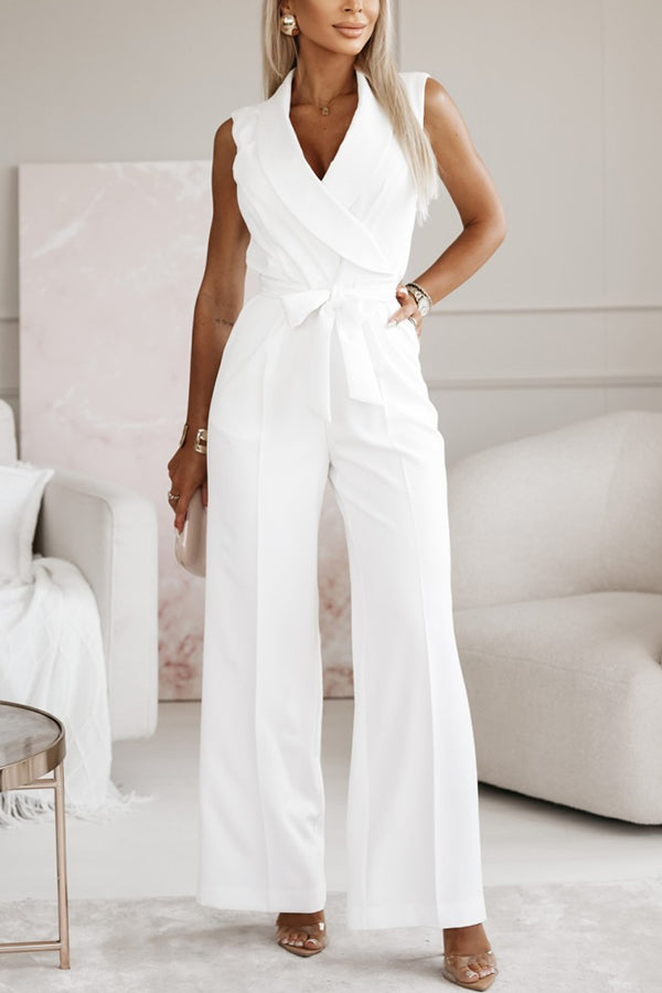 Lapel Collar Sleeveless Belted Wide Leg Formal Jumpsuit