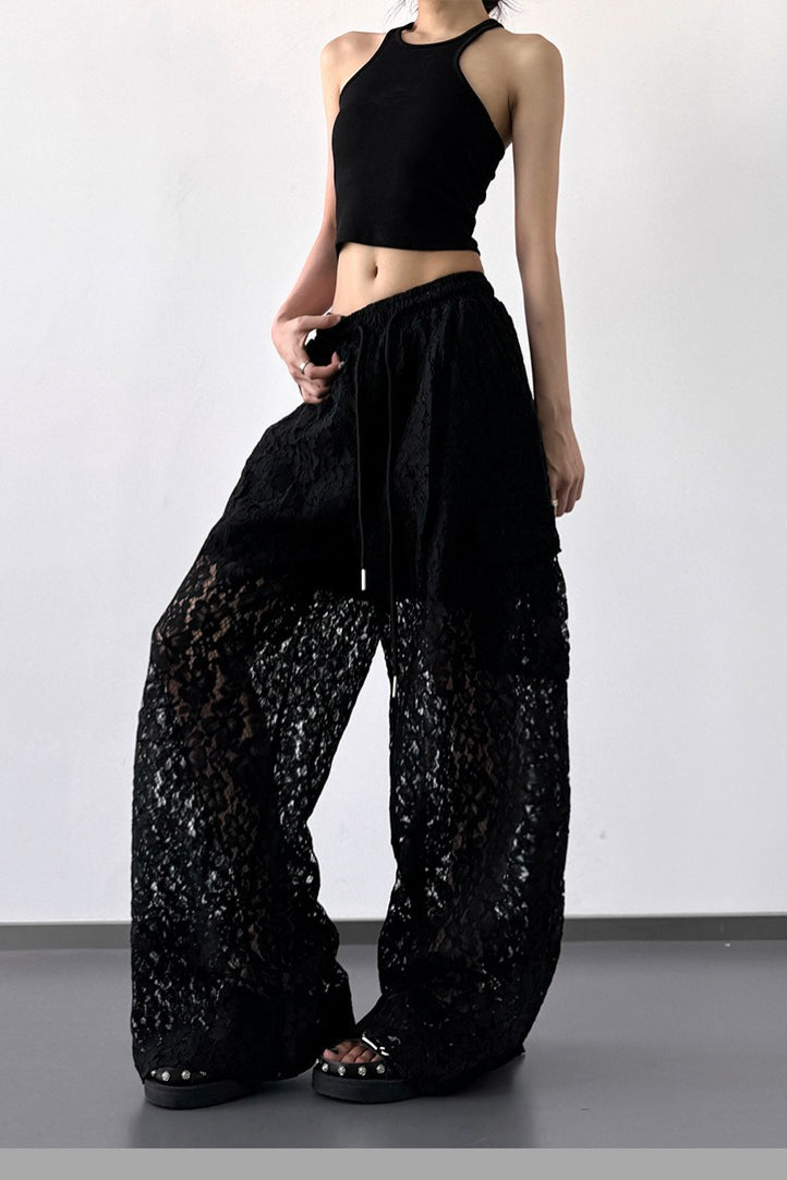 Sheer Lace Panel Drawstring Waist Wide Leg Pants 2