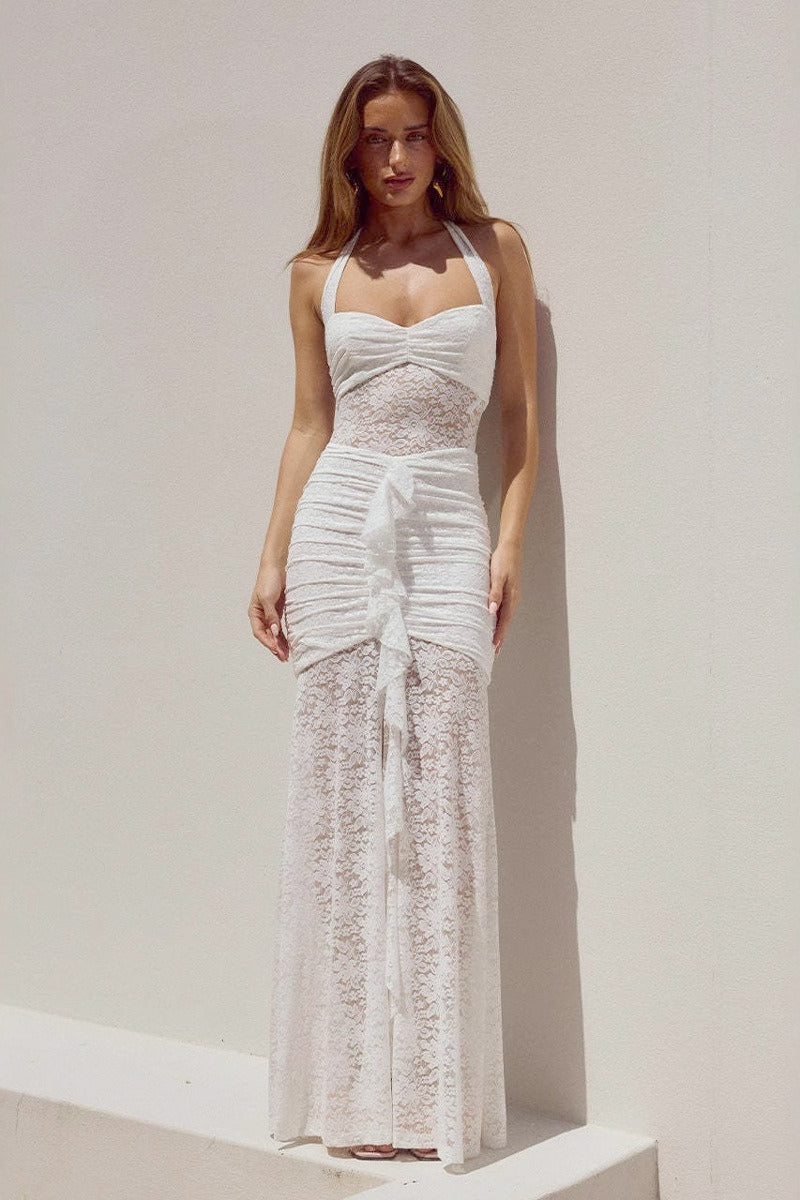 Tulle V-Neck Bishop Sleeve A-Line Maxi Dress