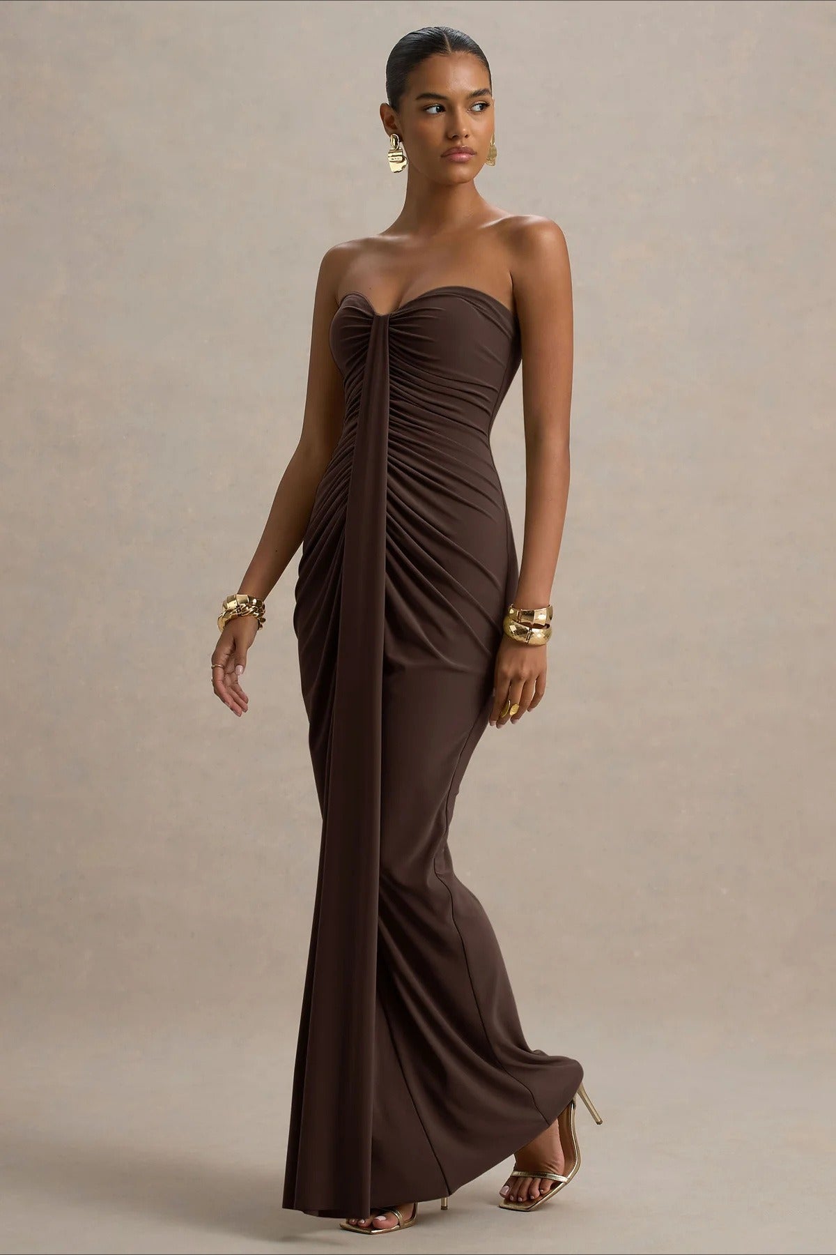 Strapless Sweetheart Ruched Center Drape Panel Column Maxi Formal Gown