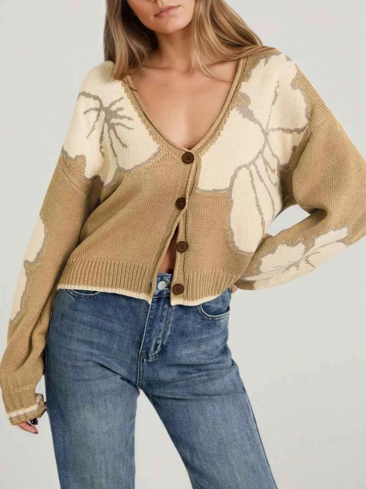 V-Neck Button-Down Knit Cardigan