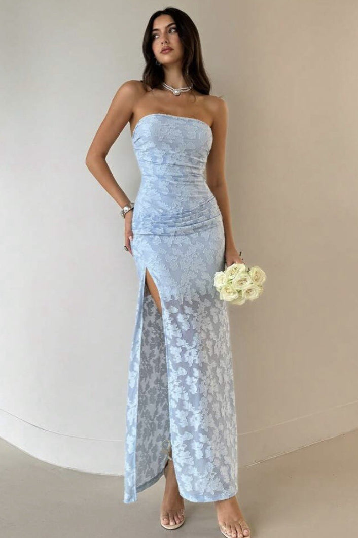 Floral Lace Strapless Ruched High Split Maxi Dress 5