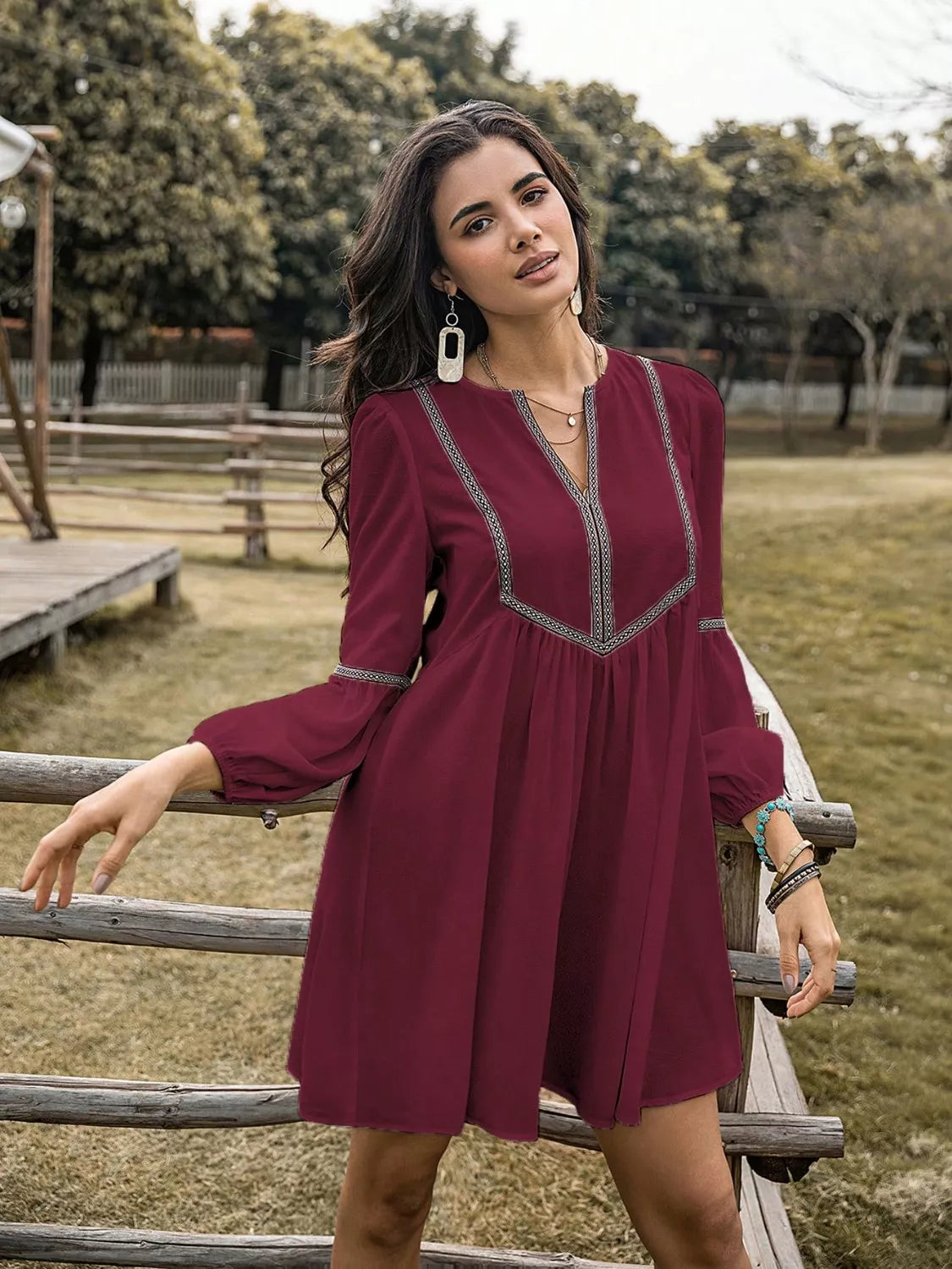 Embroidered Tape Trim Notch Neck Long Sleeve Smock Mini Dress 8