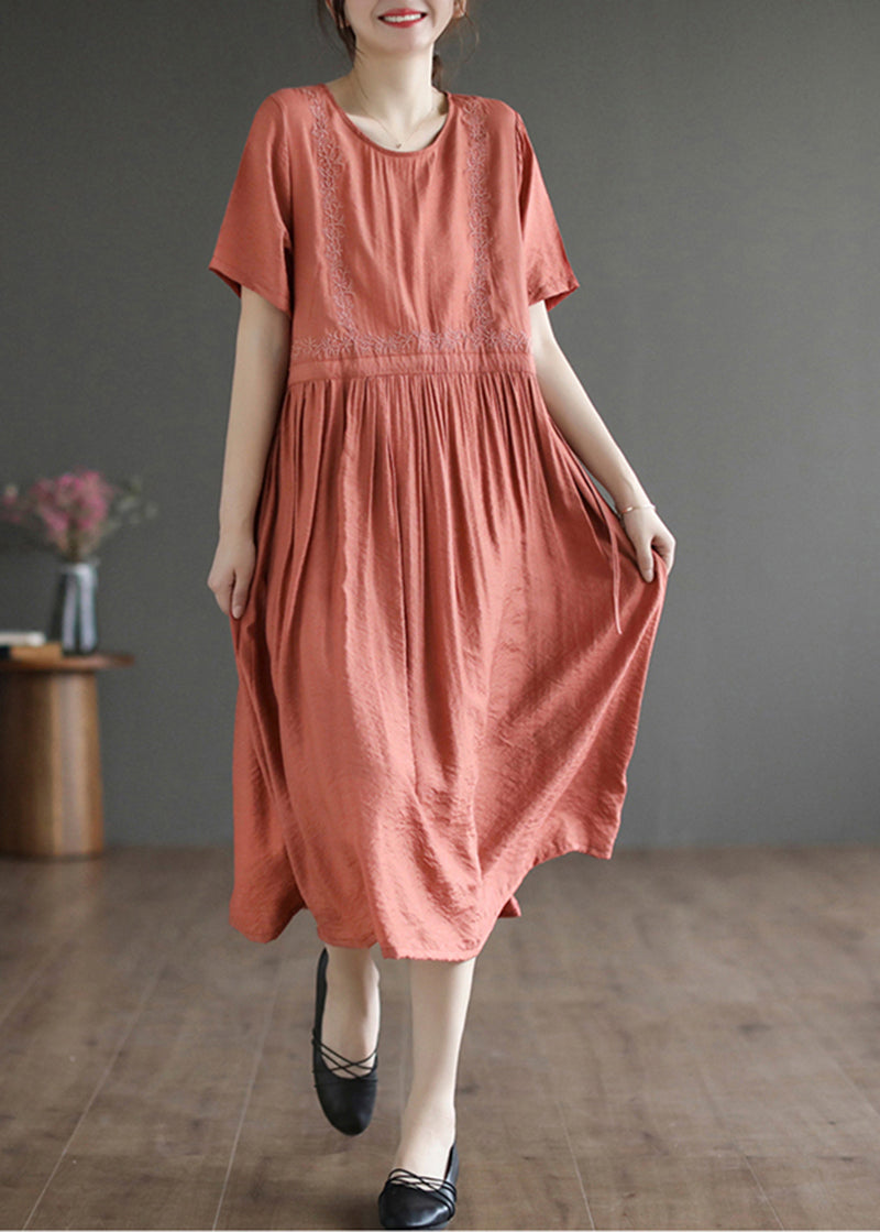 Embroidered Panel Round Neck Short Sleeve Gathered Waist Pleated Midi Dress