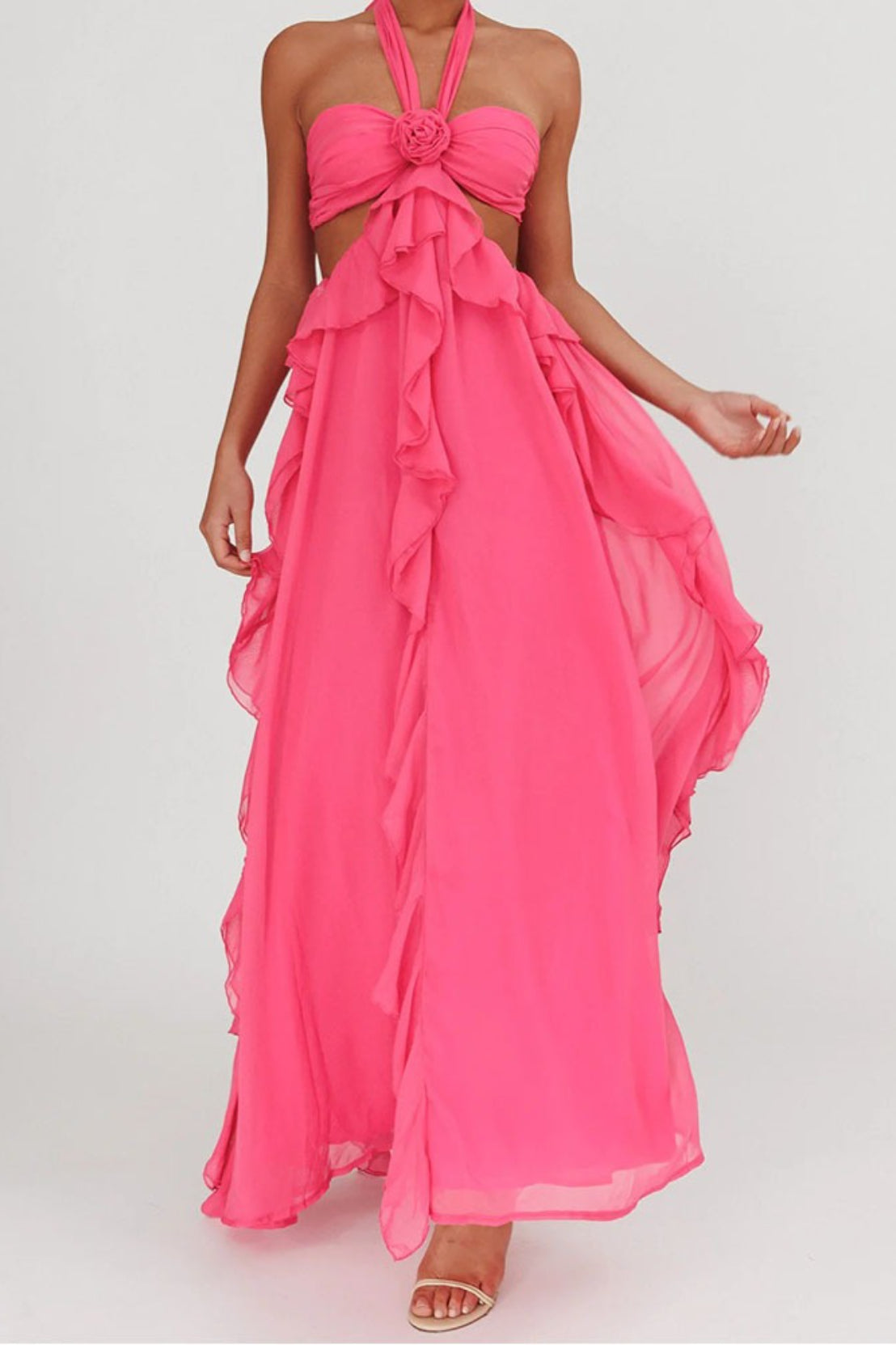 Strapless Chiffon Ruffle Rosette Cut Out High Split Maxi Dress