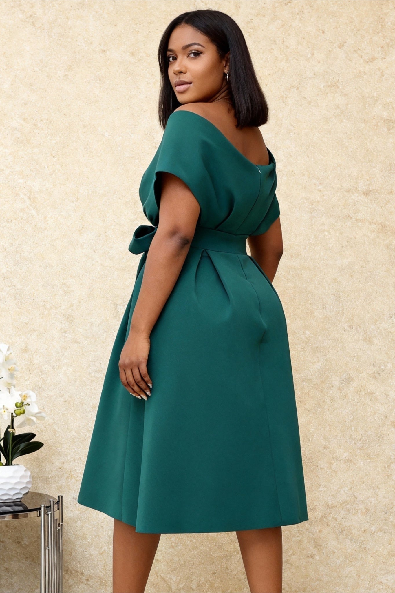 Off Shoulder Wrap Bow Belt Pleated A-Line Midi Dress - View 2