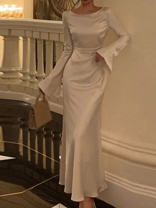 Satin Boat Neck Long Sleeve Bell Cuff Column Maxi Gown