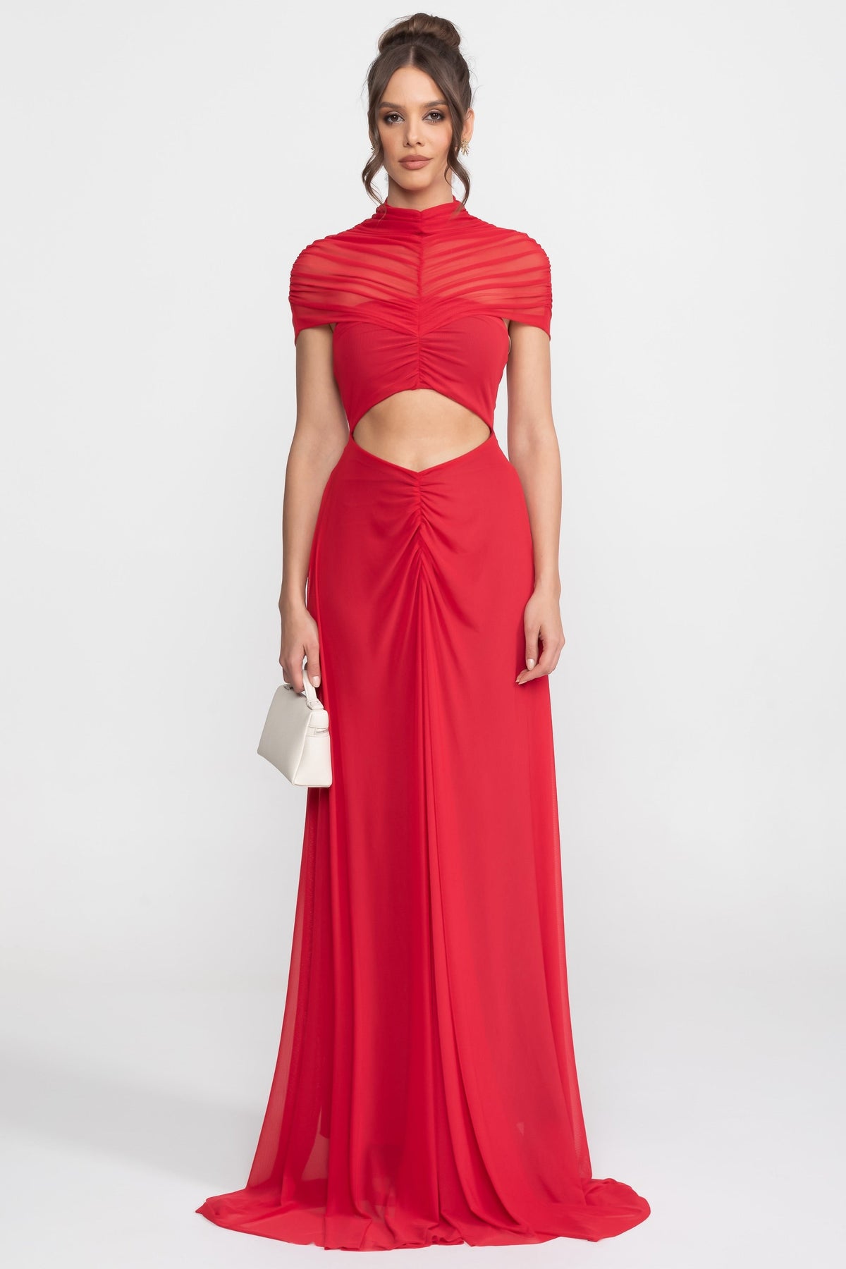 Mock Neck Ruched Mesh Cap Sleeve Cut Out Waist Maxi Dress