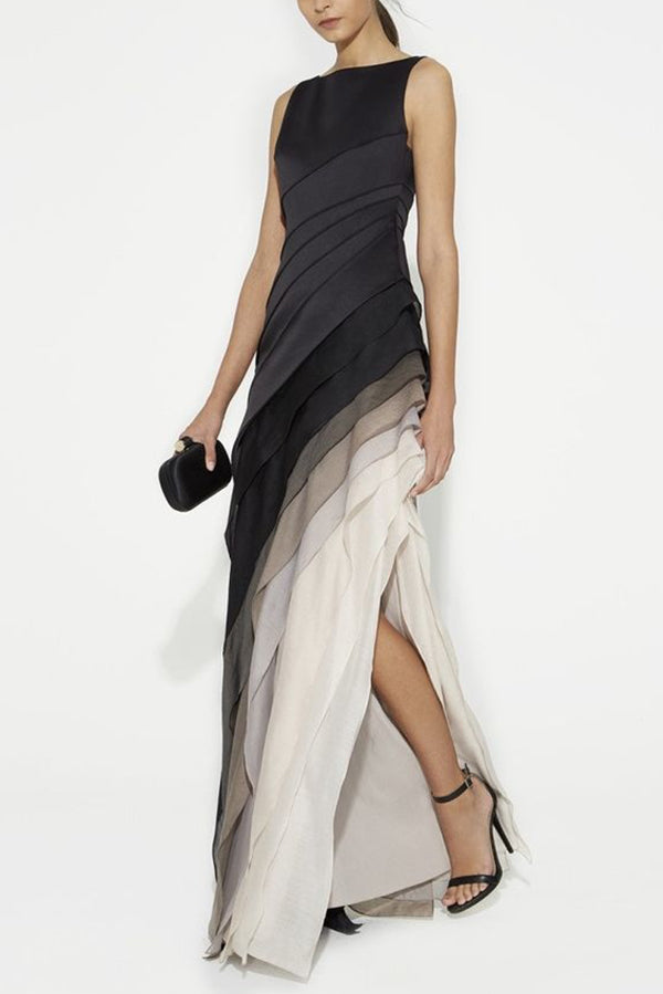 Sleeveless Boat Neck Ombre Tiered Diagonal Panel Maxi Gown 2