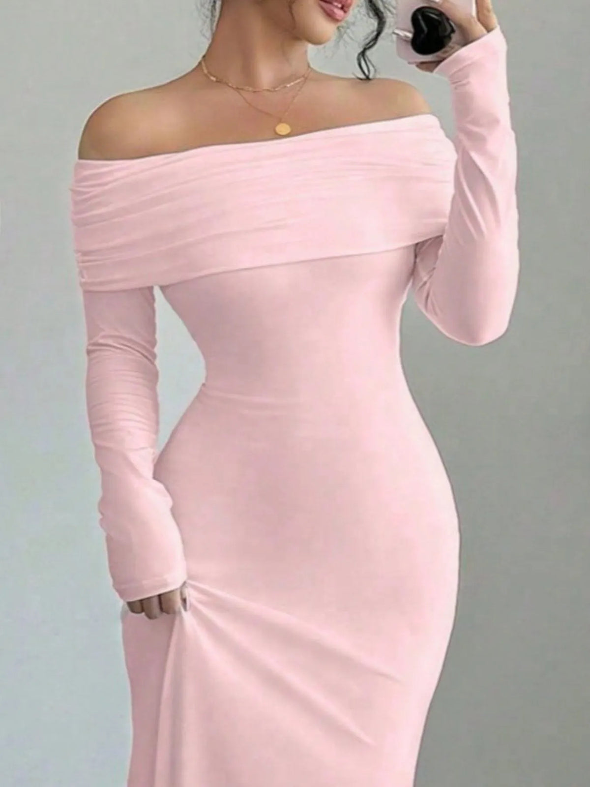 Fold Over Off Shoulder Long Sleeve Twist Back Bodycon Maxi Dress 16