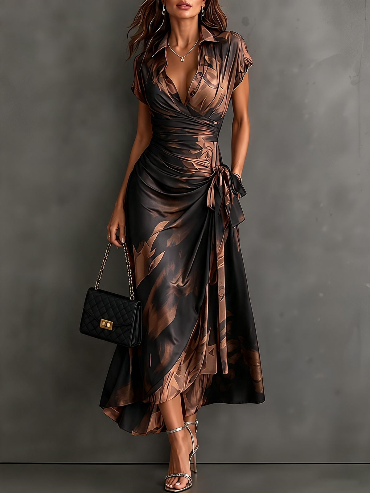 Abstract Print Collared Cap Sleeve Ruched Wrap Maxi Dress