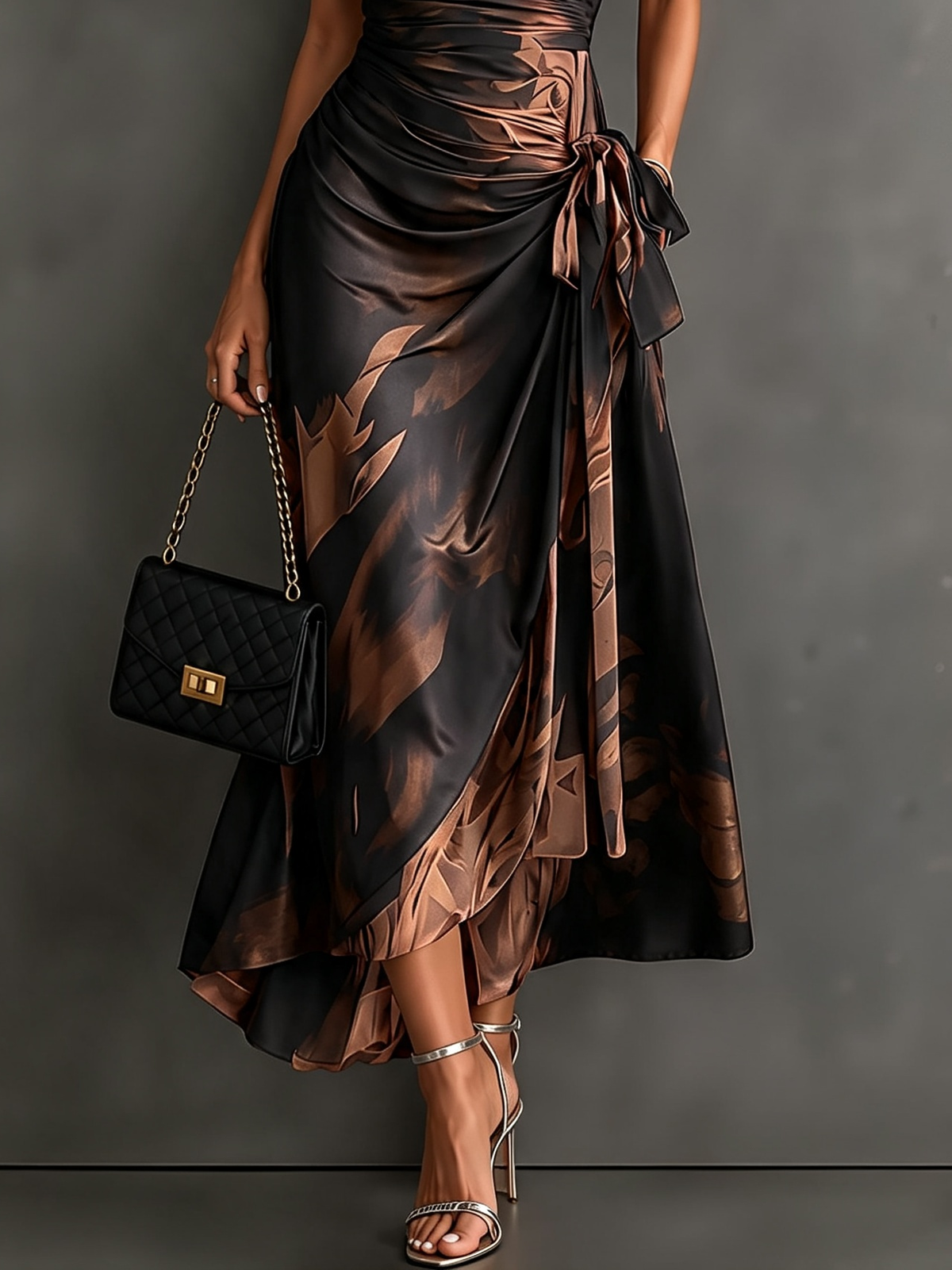 Abstract Print Collared Cap Sleeve Ruched Wrap Maxi Dress