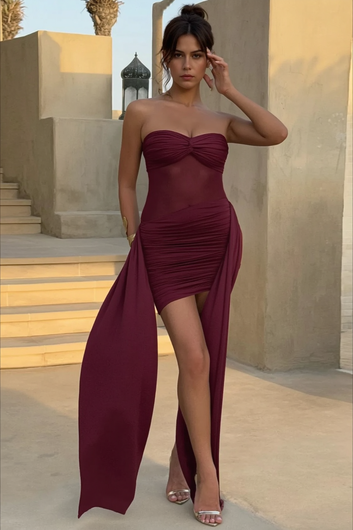 Sexy Strapless Backless Ruched Mesh Paneled Party Dress 6