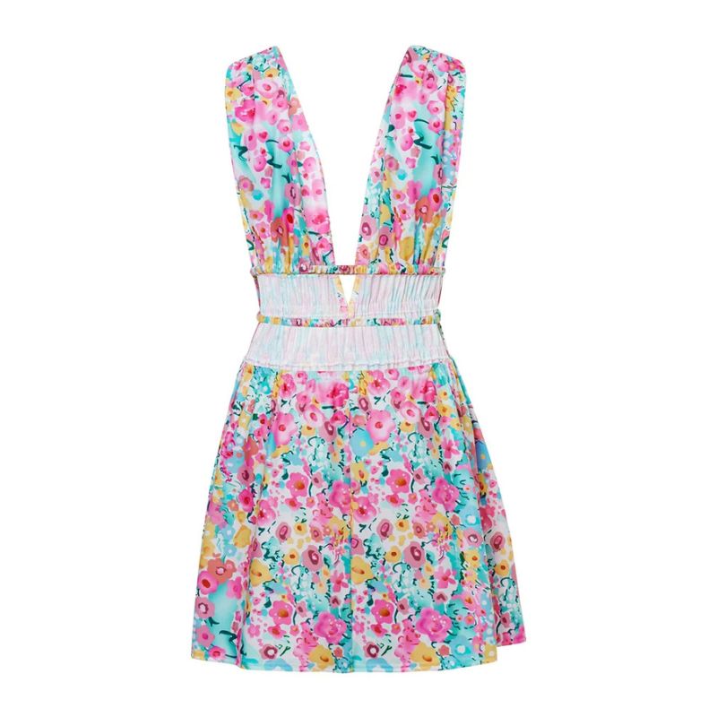 Floral Deep V-Neck Sleeveless Fit and Flare Mini Summer Dress