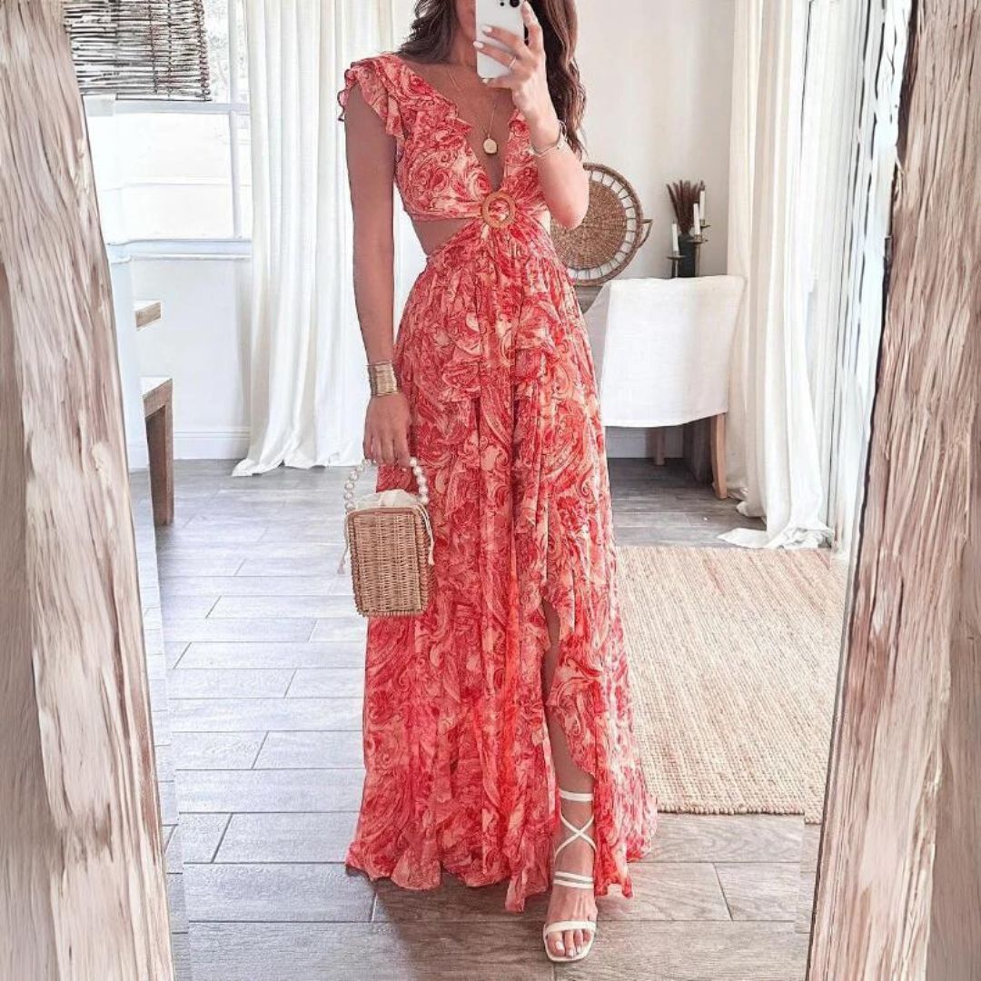 Paisley Print Deep V-Neck Flutter Sleeve Cut Out Tiered Ruffle High Split Maxi Dress