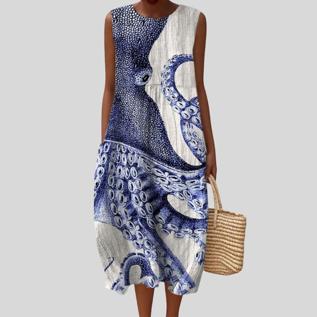 Octopus Print Sleeveless Round Neck Shift Midi Dress