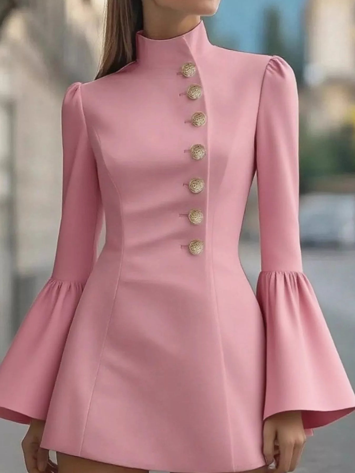 Velvet Mock Neck Bell Sleeve Button Front Mini Dress 4