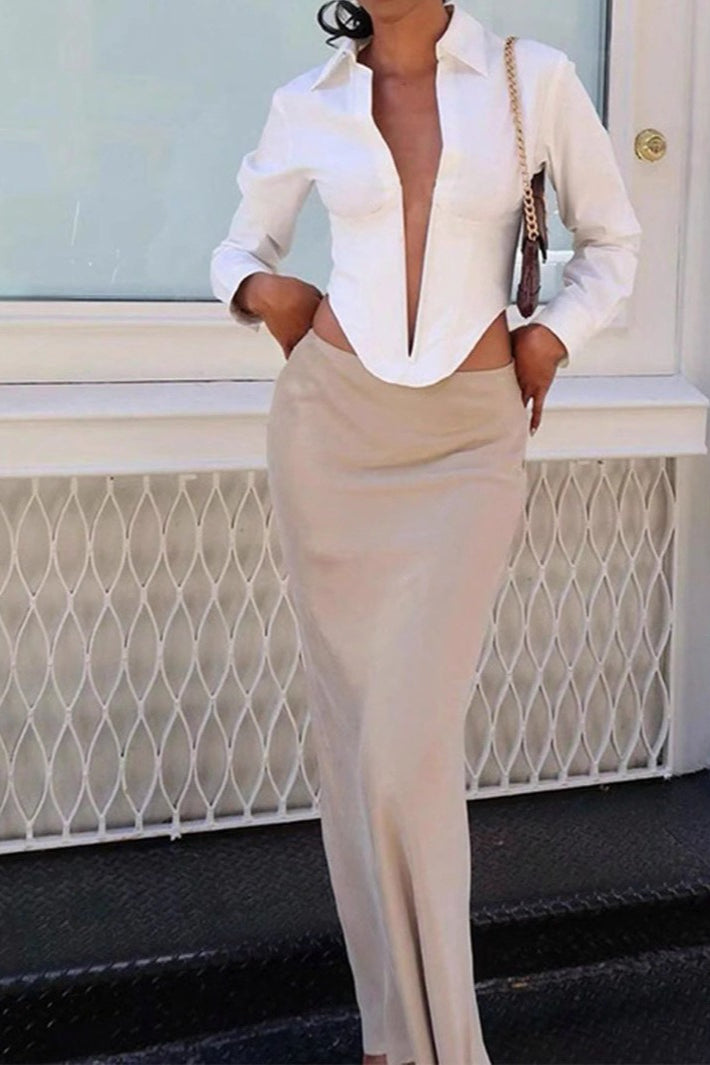 Deep V Neck Collared Long Sleeve Top