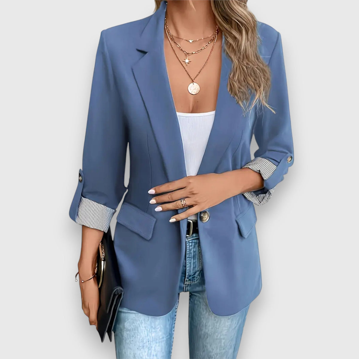 Notch Lapel Roll Up Sleeve Single Button Blazer